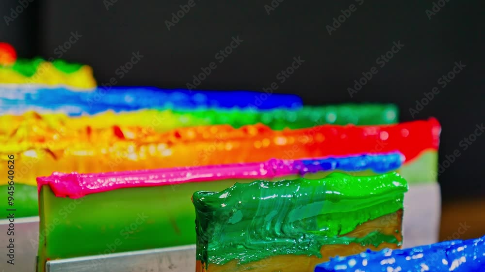 Poster fabric printing ink on squeegee is mixed to blend together like gradient color. a mesmerizing array 