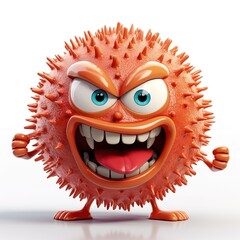 An angry, cartoonish-looking virus character on a white background