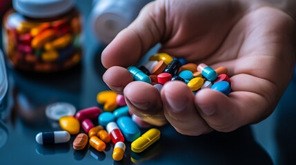 A hand holding various colorful pills with a background of medication bottles.