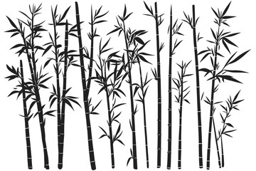Bamboo forest stems. Jungle bamboo stems silhouettes, bamboo branches with leaves, decorative bamboo flat vector illustration set