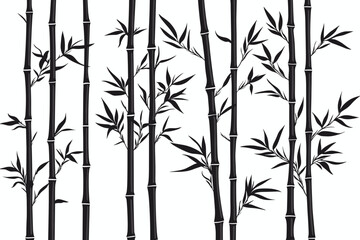 Bamboo forest stems. Jungle bamboo stems silhouettes, bamboo branches with leaves, decorative bamboo flat vector illustration set