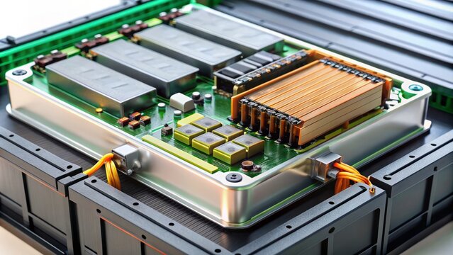 The lithium-ion battery's inner workings are laid bare, showcasing terminals, circuit board, and electrodes in a stunning demonstration of cutting-edge engineering.