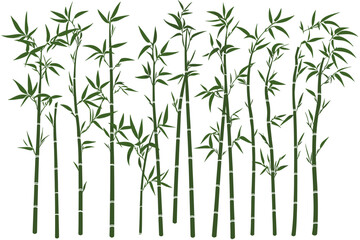 Obraz premium Bamboo forest stems. Jungle bamboo stems silhouettes, bamboo branches with leaves, decorative bamboo flat vector illustration set