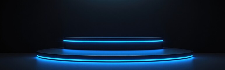 3D rendered podium with three platforms illuminated by blue lights against a black background for product display