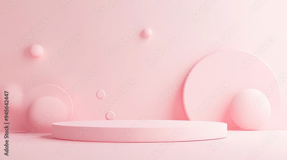 Poster 3D rendered abstract background featuring geometric shapes and a podium for product display in a minimalistic style