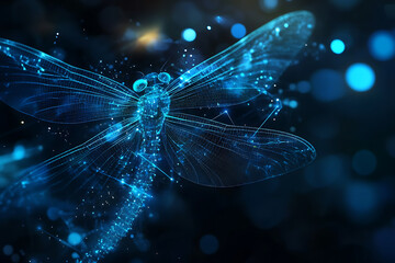 An abstract digital background banner featuring a dragonfly silhouette intertwined with data connection elements in blue and black colors
