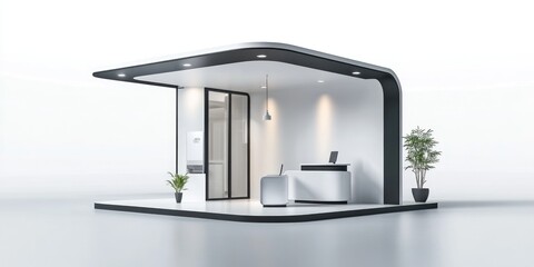 3D render illustration of a white and black trade show booth isolated on a white background Editable template mockup for design purposes