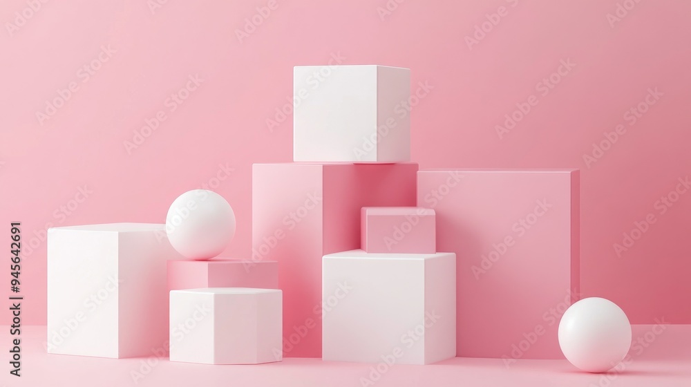 Poster 3d geometric shapes featuring white and pink cubes with a gradient effect set against a soft pastel 