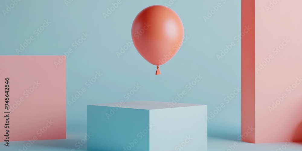 Poster 3d rendering of a minimal abstract scene featuring geometric shapes and a balloon