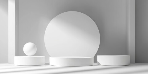 3D rendering of three white podiums featuring geometric shapes Isolated podium with a hollow semi circle backdrop Platforms designed for showcasing cosmetic products High end display stage
