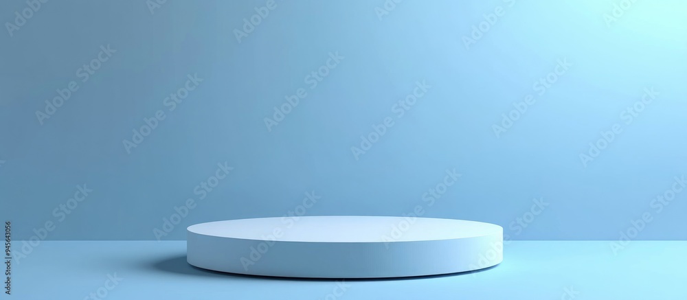 Poster 3D circular pedestal on a blue background mockup Realistic widescreen rendering for product display or showcase