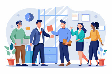 Onboarding new employee, warm welcome to new office, introduce new hire to colleagues, orientation training on first day concept, businessman manager handshake welcome and introduce new staff to team.