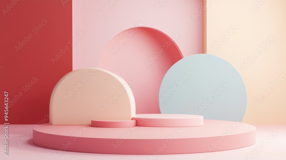 Aufkleber 3d rendered shapes for product display in a pastel minimal studio setting