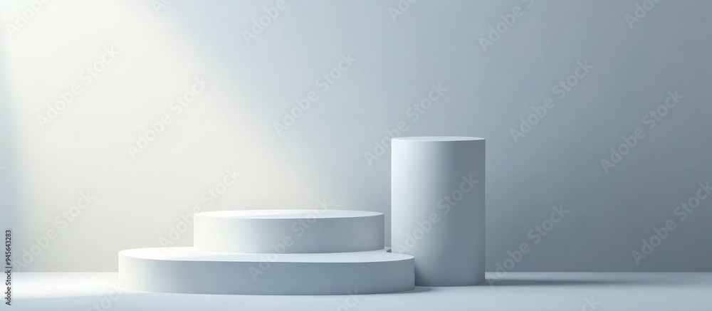 Poster 3D minimalistic podium featuring a bright gray and white cylindrical design Abstract geometric shape illustration in a studio setting