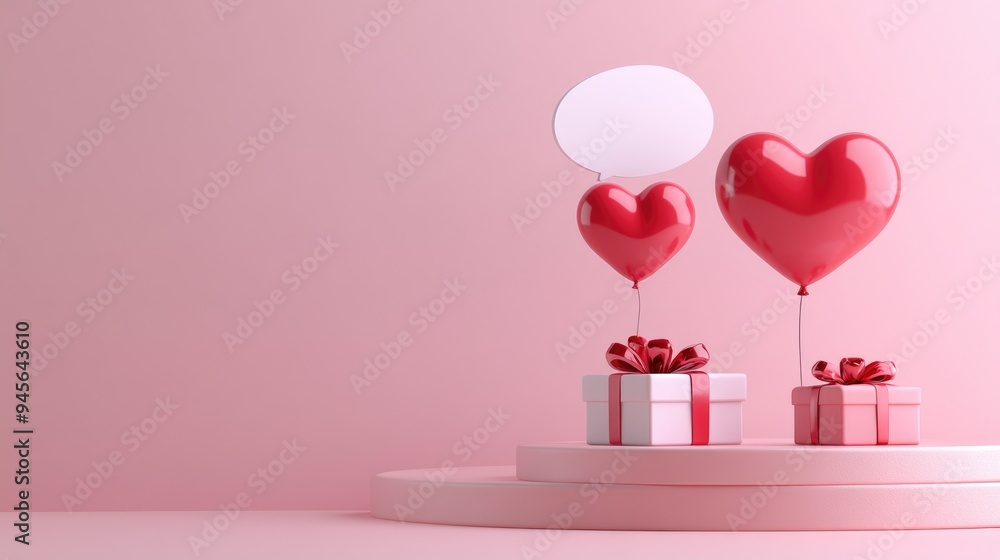 Poster 3d rendering of a heart icon in a speech bubble pinned on a podium alongside a gift box and balloon 