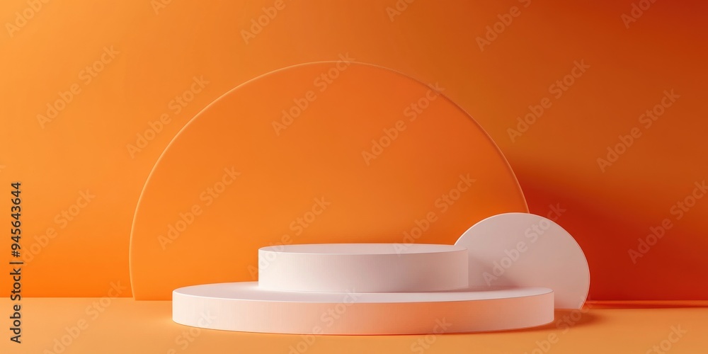 Poster 3d illustration of a white podium on an orange background featuring geometric shapes a three tiered 