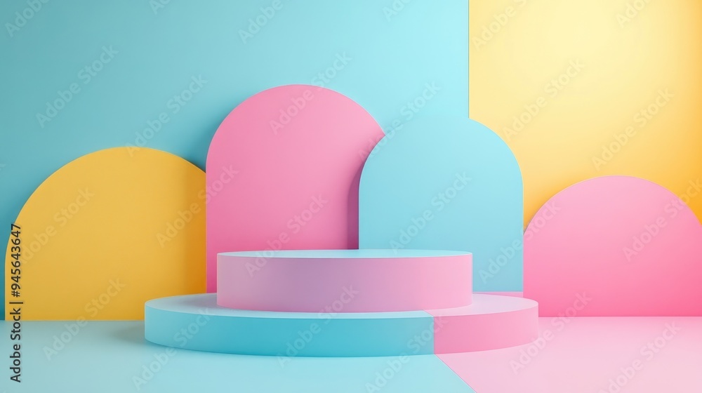 Aufkleber 3d rendering of abstract geometric shapes featuring a podium in pink blue and yellow hues with a min