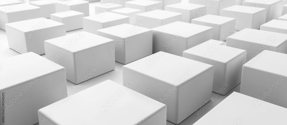 Poster 3d illustration featuring numerous blank cubes arranged in perspective against a white background