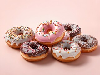 Colorful assortment of iced donuts with sprinkles arranged on a light pink background
