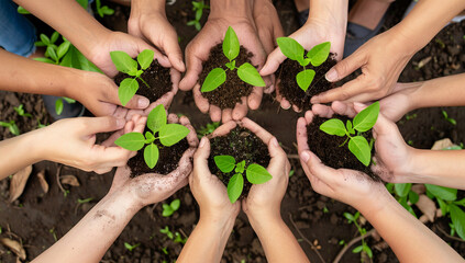 Diverse Group of Hands Holding Seedlings to Promote Sustainable Environmental Practices and Conservation