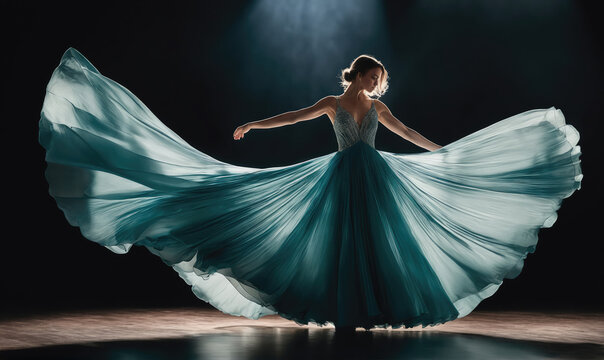 A woman in a flowing teal gown dances on a stage lit by a spotlight
