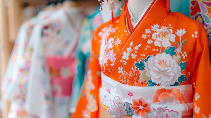 Fototapeta premium Vibrant Orange Kimono with Floral Embroidery Detail A Close-Up of Traditional Japanese Garment