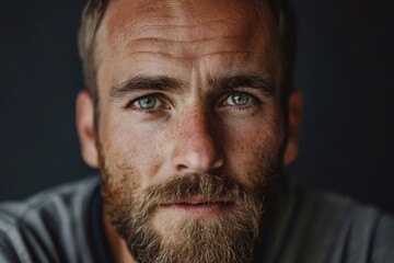 A serious-looking man with short hair and a beard, exuding confidence and determination, captured against a neutral background.