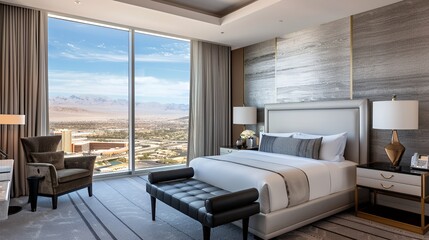 Modern hotel bedroom with a large window showcasing a scenic view.