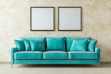 Blue sofa with pillows against stucco wall with two blank picture frames. Minimalist interior design of modern living room.