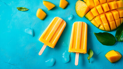 Mango ice cream on a stick. Top view.