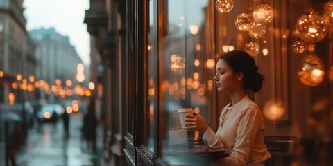 Fototapeta premium A Serene Moment: Enjoying Coffee in a Cozy Urban Cafe on a Rainy Day