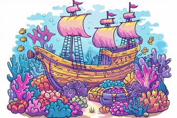 Naklejka premium coloring pages for kids, cute and funny and kawaii A sunken pirate ship filled with treasure chests among bright corals.