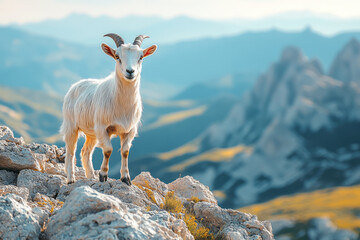 Goat climbing a rocky mountain slope with a view of distant peaks,