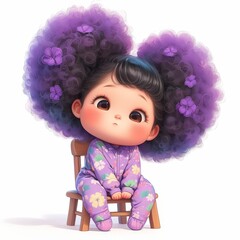 Fototapeta premium A cute child with large, curly hair adorned with flowers, sitting on a small chair in pajamas.