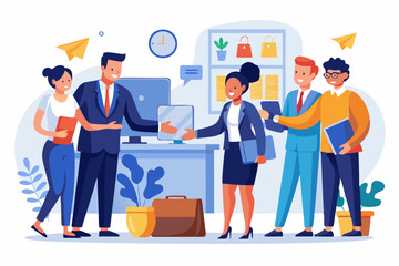 Onboarding new employee, warm welcome to new office, introduce new hire to colleagues, orientation training on first day concept, businessman manager handshake welcome and introduce new staff to team.