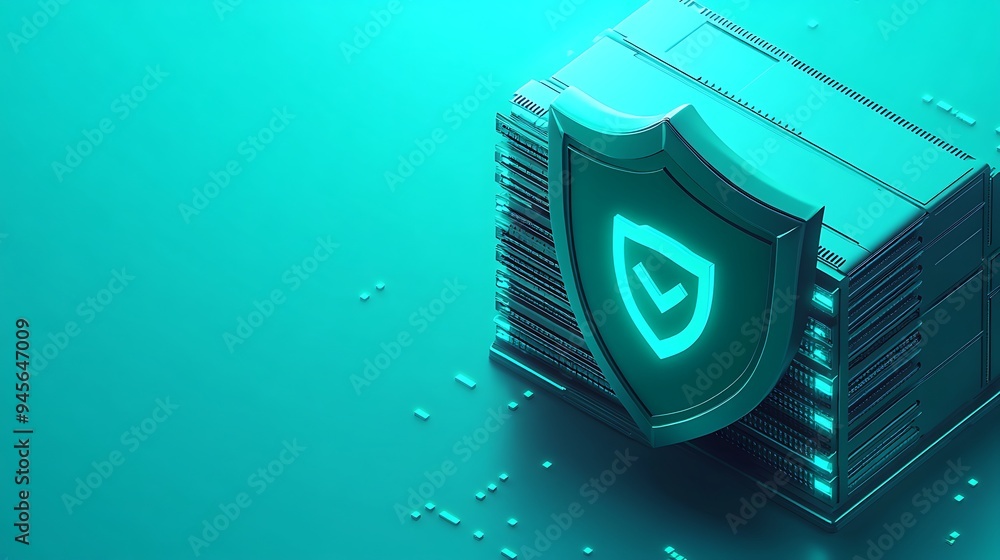 Aufkleber 3d cybersecurity concept with a stack of data servers shielded by a glowing security badge, represen