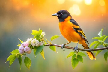Vibrant orange oriole perched on misty morning dew-kissed branch, warm golden light, soft focus, pastel hues, serenity, peacefulness, awaiting takeoff concept.