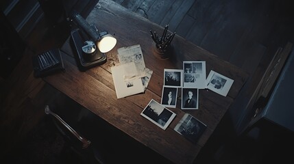 Naklejka premium A dimly lit desk with old photographs and a lamp, evoking nostalgia and reflection.