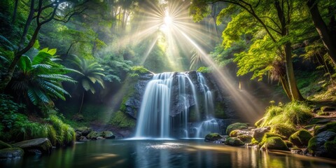 Fototapeta premium A tranquil scene of Moore Cove Falls in the midst of a vibrant rainforest, shafts of light illuminating the falling water, a realistic photo image.