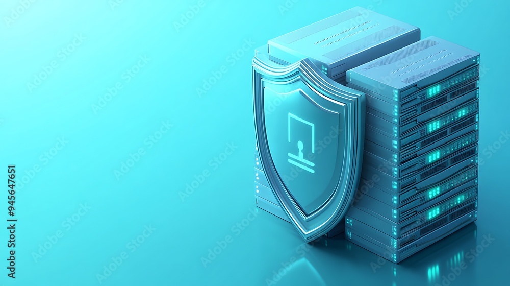 Poster 3d illustration of a server rack with a shield symbol, representing data security and protection in 
