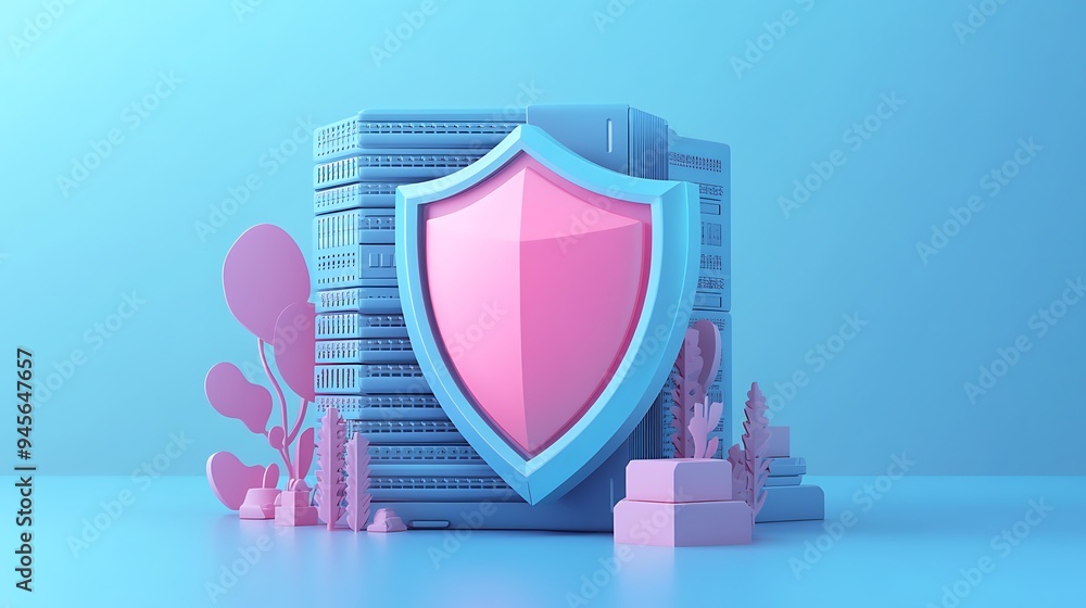 Poster 3d illustration of a shield symbol in front of a building, representing cybersecurity and data prote