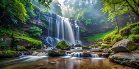 Moore Cove Falls in all its glory, detailed rocks, vibrant greenery, and misty atmosphere, a realistic photo image.