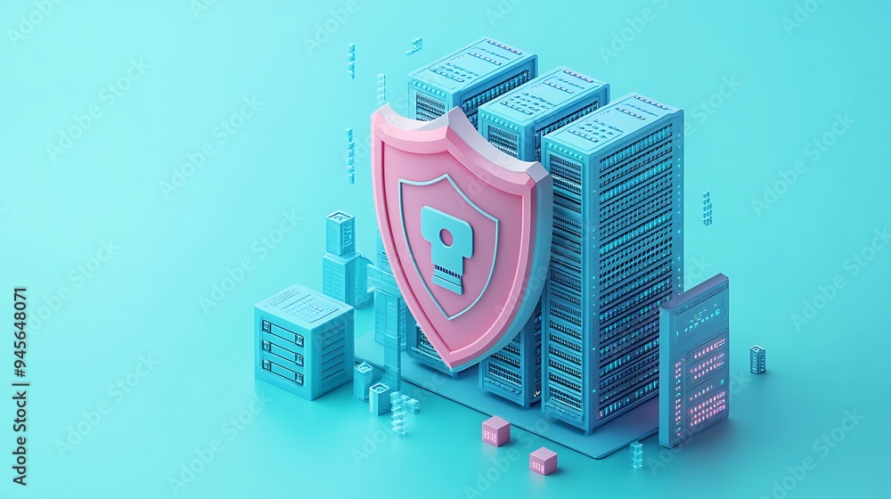 Poster 3d illustration of servers with a shield, representing data protection and cybersecurity concepts on