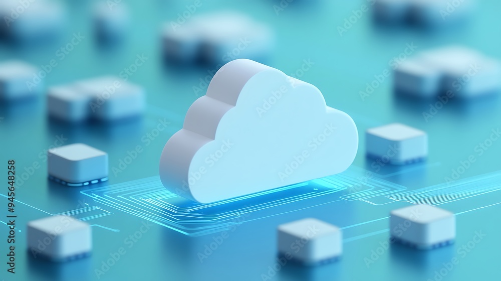 Poster 3d rendering of a cloud icon among digital blocks, symbolizing cloud computing, data storage, and di
