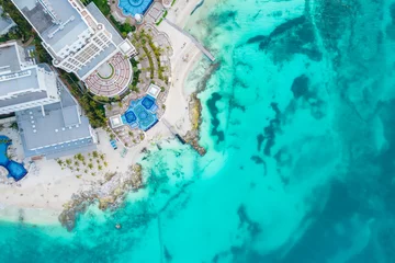 Fototapete Rund Aerial top view of Cancun beach and city hotel zone in Mexico. Caribbean coast landscape of Mexican resort with beach Playa Caracol and Kukulcan road. Riviera Maya in Quintana roo region on Yucatan © Mariakray