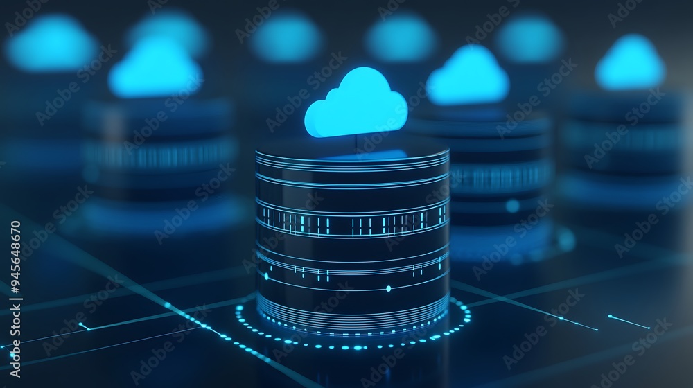 Poster 3d rendering of cloud server technology for network data storage representing cloud computing in a f