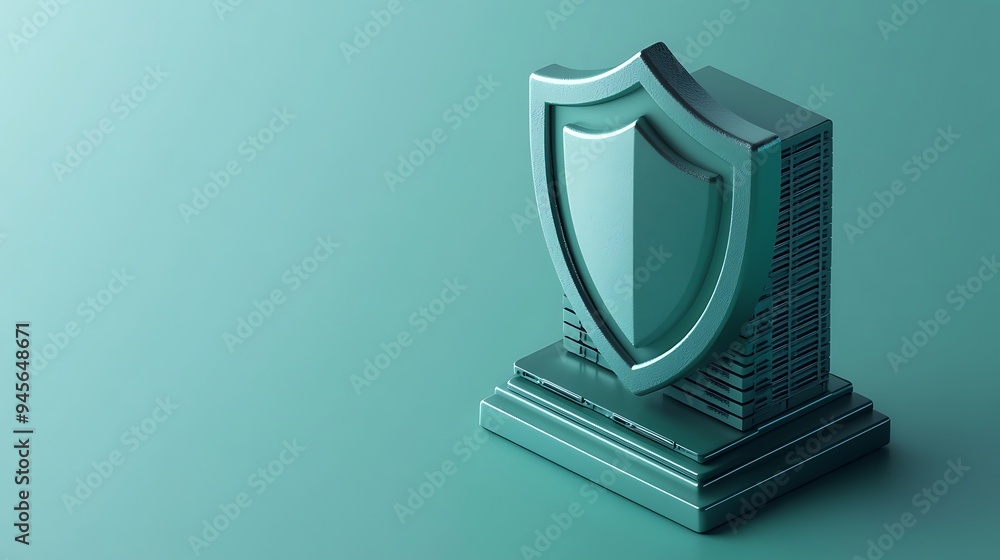 Poster 3d rendering of a shield statue symbolizing protection and security on a turquoise background, minim