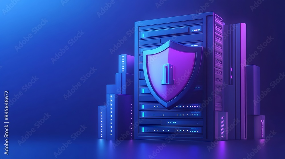 Poster 3d rendering of a server with a security shield icon, representing cybersecurity and data protection