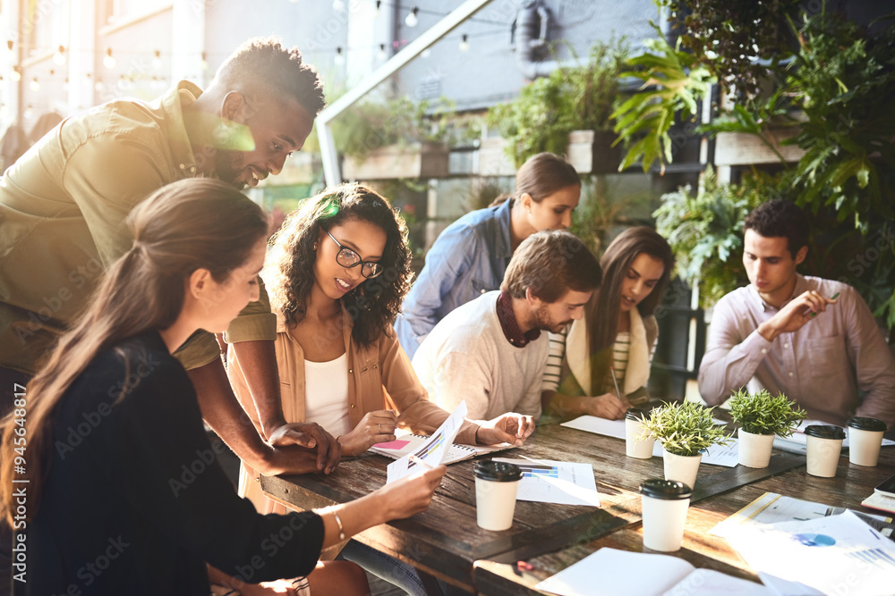 Sticker Team, business people and discussion at cafe with data, stats or documents with metrics. Technology, group and meeting at restaurant with paperwork or chart for planning with creative project manager