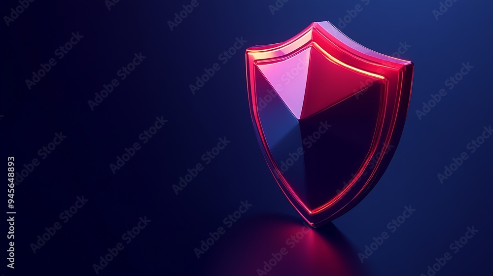 Poster a 3d red shield icon on a dark blue background, representing protection and security in digital and 